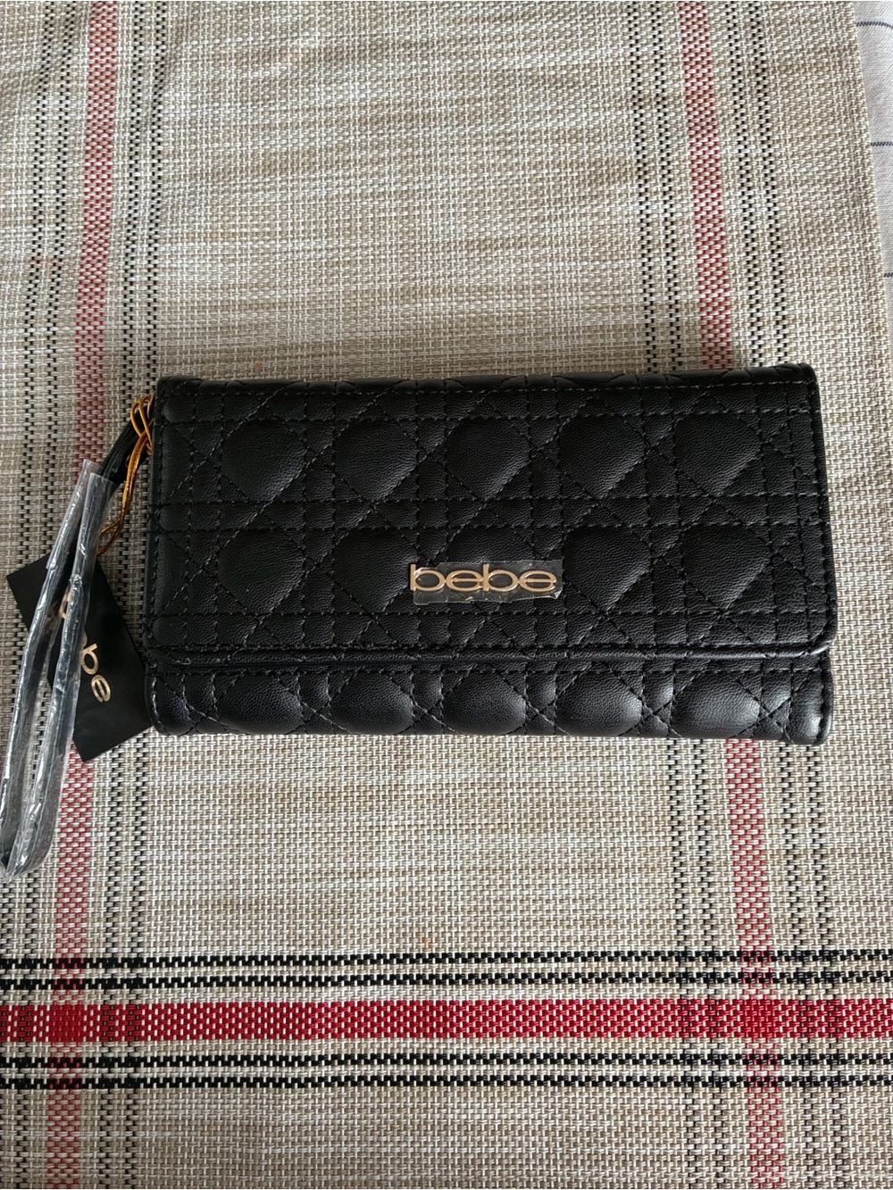 bebe Black Quilted Key & Card Holder with Gold Logo